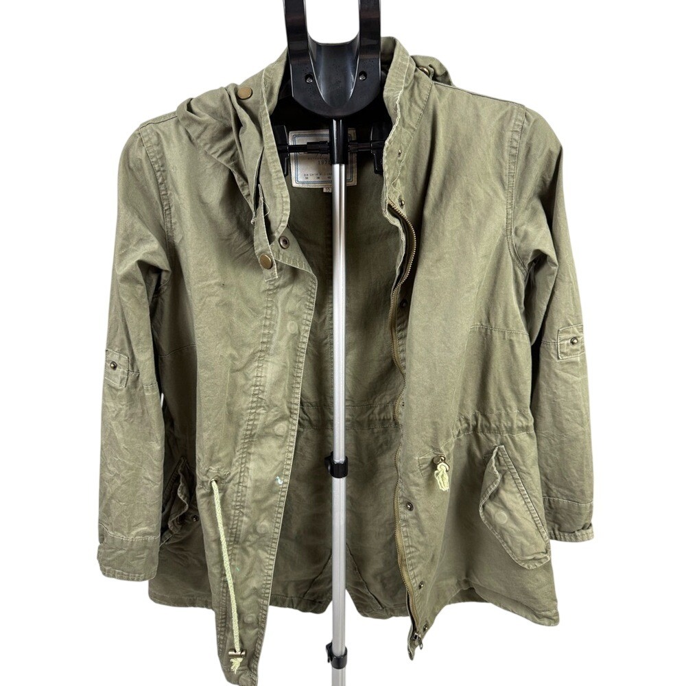 Vintage Olive Utility Jacket Hooded Military Style Anorak Drawstring Waist‎